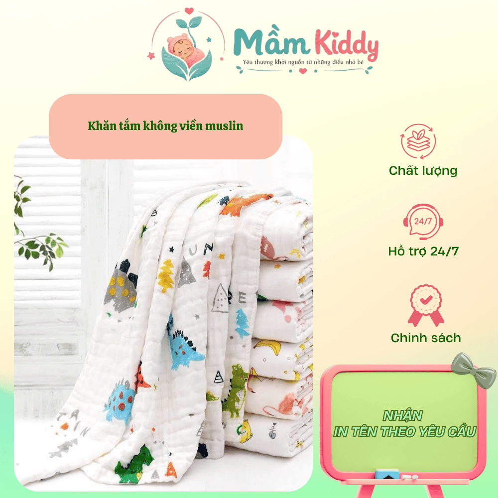 Khăn tắm không viền Muslin cao cấp cho bé – mềm mại, thấm hút tốt